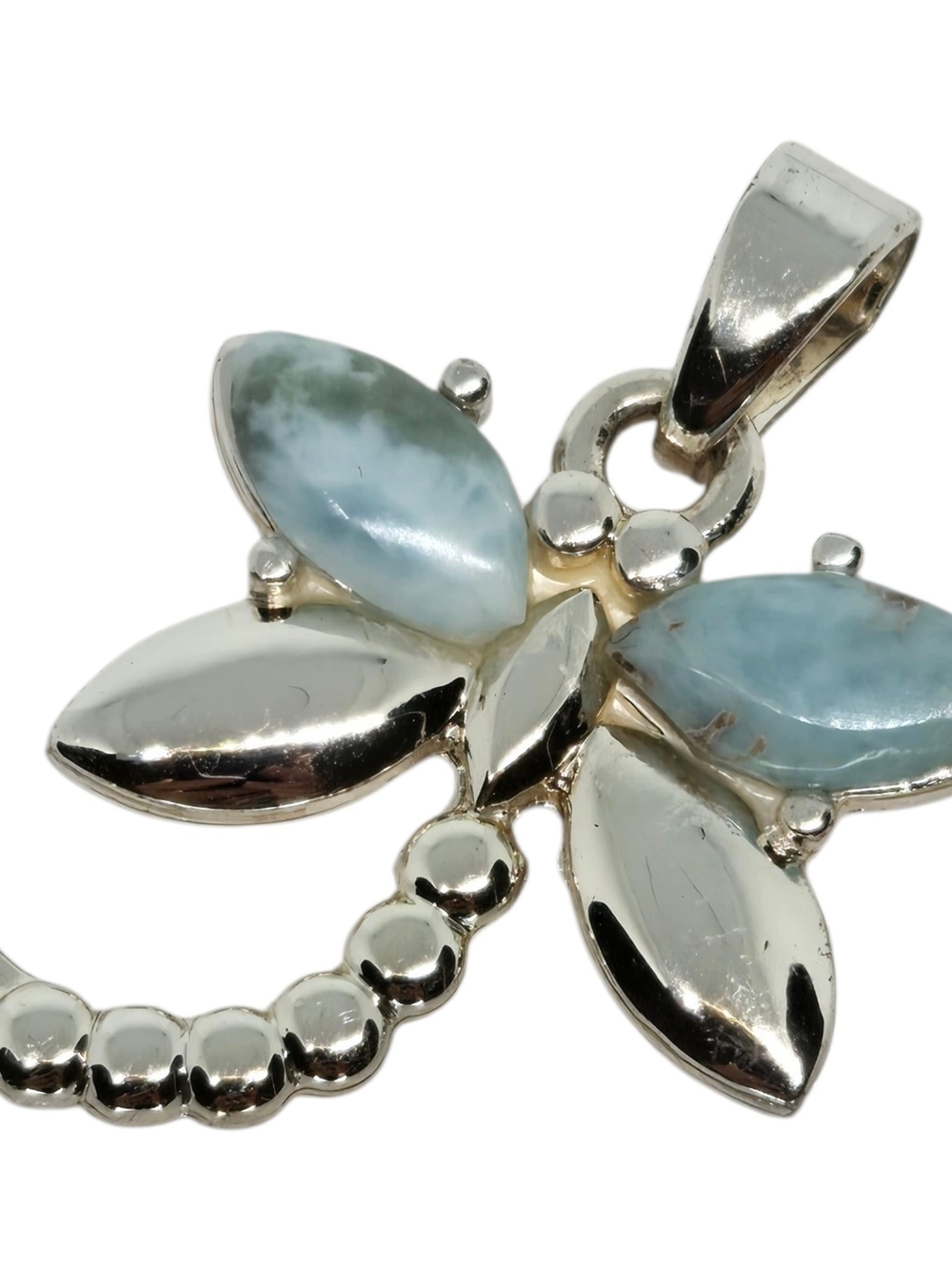 Natural Larimar 925 Sterling Silver Dragonfly Pendant Necklace Light Blue Gem